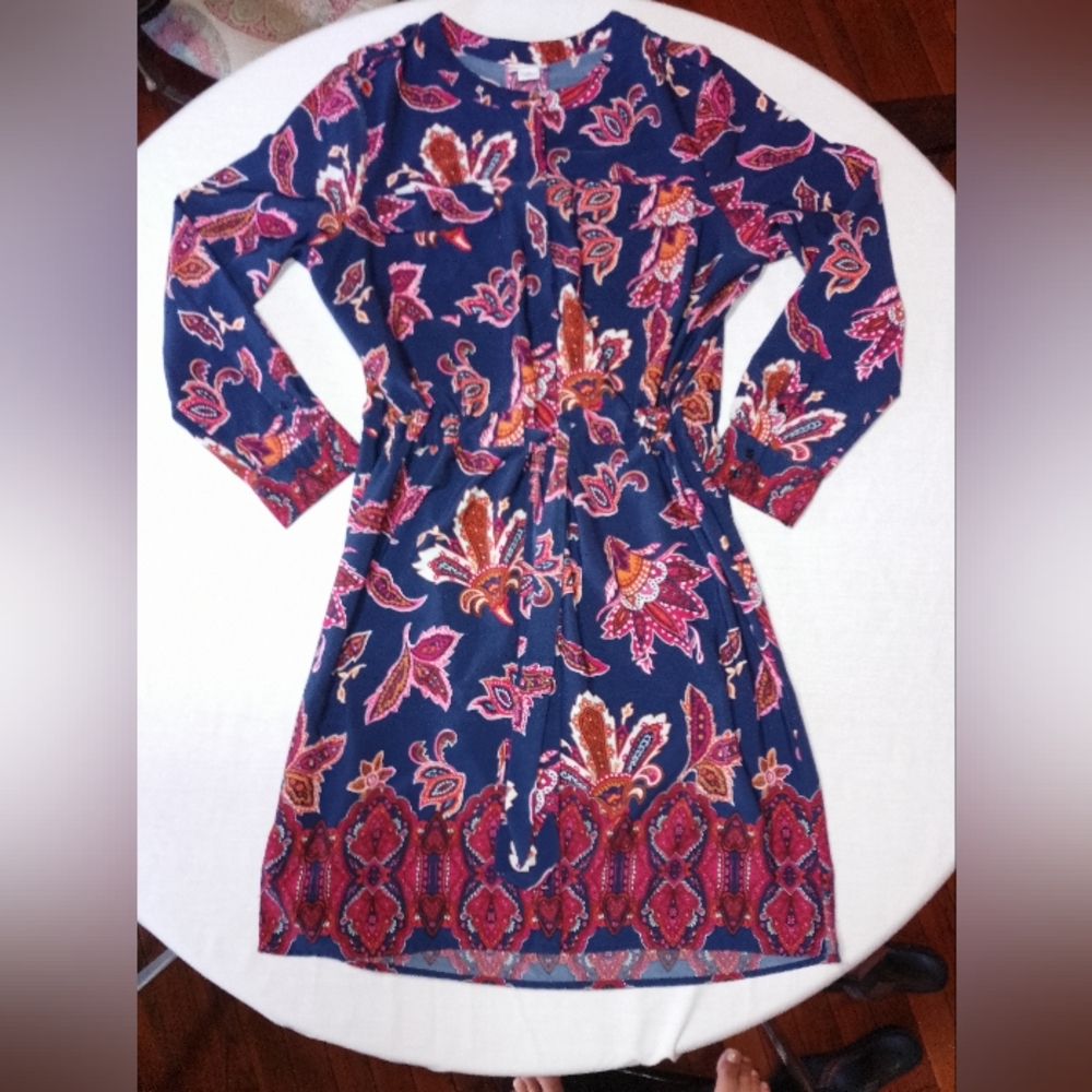 Liz Claiborne Boho Print Long Sleeve Shirt Dress Drawstring Belt
